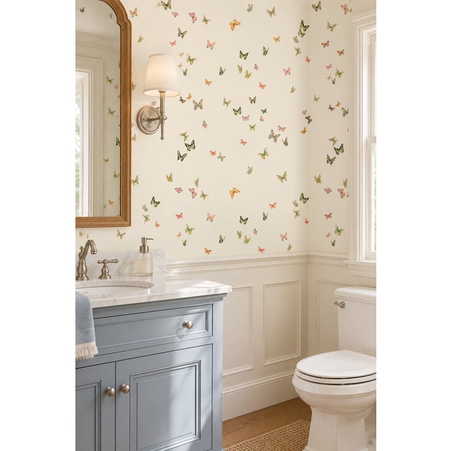 Chinoiserie Butterfly Grove Grasscloth Wallpaper by House Party | Vanilla Cream | 8 Yards For Sale - Image 3 of 10