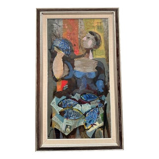 Bertil Wahlberg, Fishmonger, 1960s, Oil Painting on Canvas, Framed For Sale