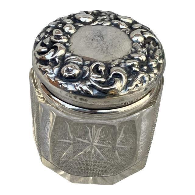 Antique Sterling Top Crystal Jar For Sale