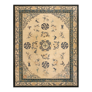 Superlative Navy Color Circles Forming a Cross in the Center on Beige Background Antique Chinese Peking Rug