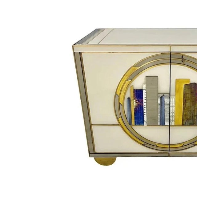 Italian Art Deco Style Cabinet / Server With New York Skyline Glass Decoration For Sale - Image 9 of 10