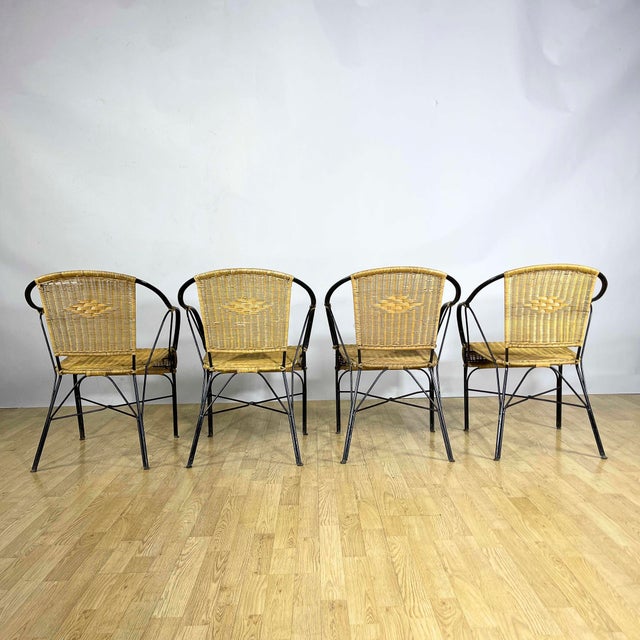 Black Garden Chairs in Wrought Iron and Woven Wicker, 1970s, Set of 4 For Sale - Image 8 of 18