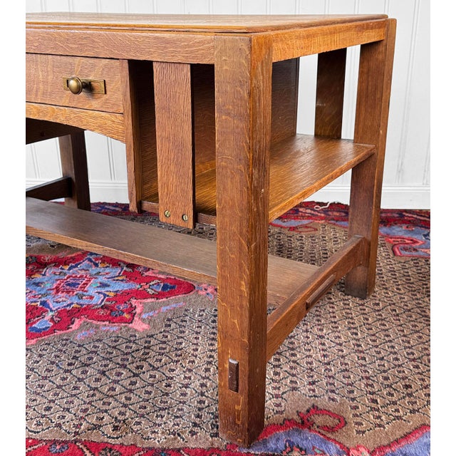 Antique Charles Limbert Arts & Crafts Quartersawn Oak Writing Desk W/ Bookshelf For Sale - Image 13 of 17