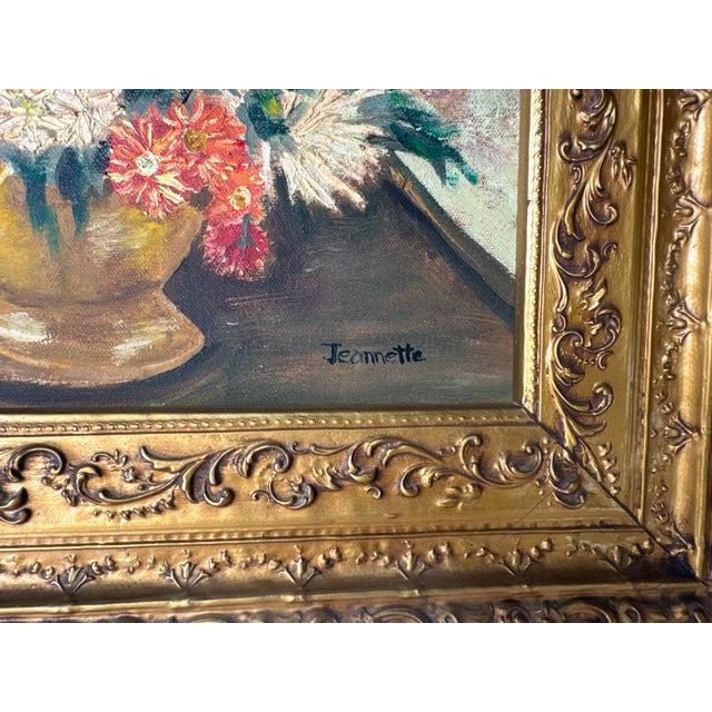 Green 1970s Vintage Jeannette Floral Still Life Oil on Canvas Painting, Gilt Framed For Sale - Image 8 of 12