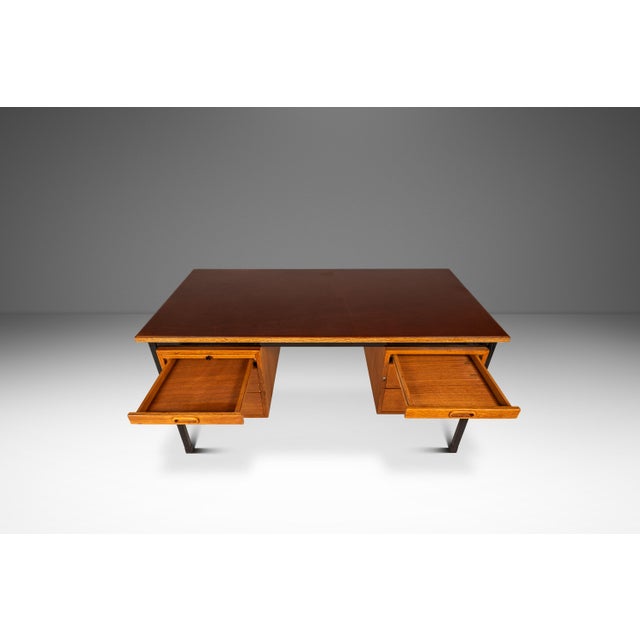 Wood Mid-Century Modern Executive Desk in Oak & Steel W/ Leather Top Attributed to Herbert Hirche for Holzäpfel, Germany, C. 1960s For Sale - Image 7 of 18