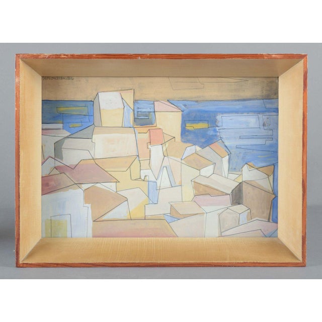 Pär nordlander (1920–2001). Abstract cityscape by the sea. Mixed media on paper. Visual size: h. 21 cm, w. 30.5 cm frame:...
