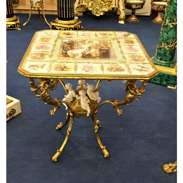 French Style Coffee Table With Cherub Artwork, Bronze Accents For Sale - Image 4 of 8