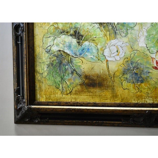Vintage Large Heron Birds and Floral Oil Painting in Ornate Black/Gold Frame For Sale In Philadelphia - Image 6 of 10