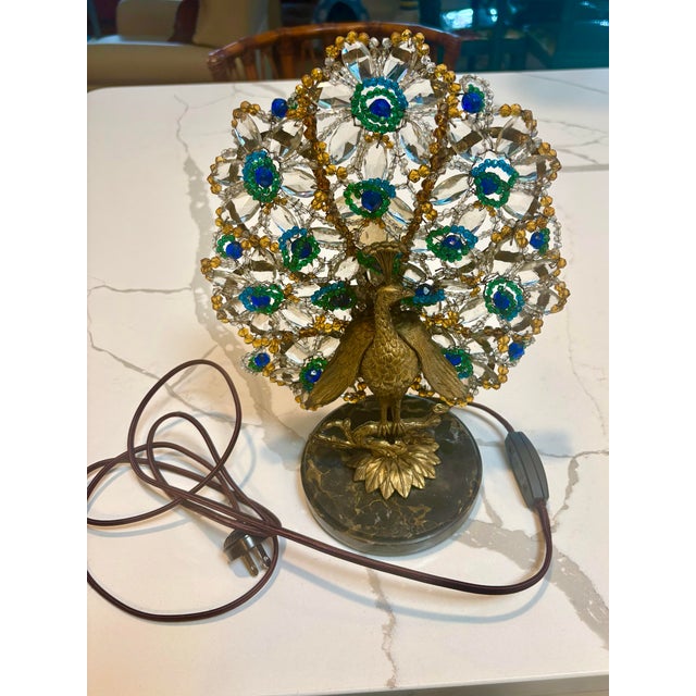 VIntage Art Deco Crystal and Brass Czechoslovakian Beaded Peacock Lamp For Sale - Image 11 of 14