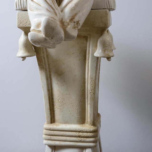 Italian Glazed Terracotta Chinoiserie Monumental Figures on Pedestals For Sale - Image 13 of 16