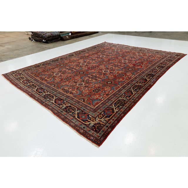 Persian Mid-Century Persian Mahal Rug Hand-Knotted Wool Red & Navy Allover Floral Design For Sale - Image 3 of 10