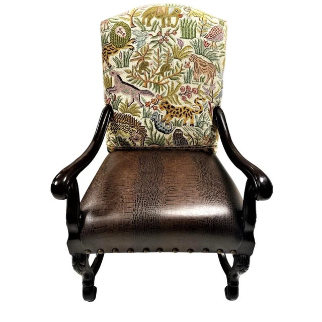 Early 21st Century Hacienda Chair Upholstered With Jungle Animals Tapestry and Embossed Cowskin For Sale - Image 5 of 12