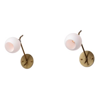 Italian Sculptural Brass Wall Sconces with Opaline Globe Shades, 1950s, Set of 3 For Sale