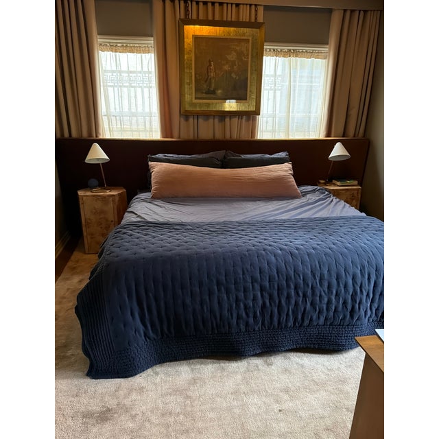 Custom made oversized velvet headboard attached to king sized bed frame in a wooden walnut. Materiel: velvet Headboard...