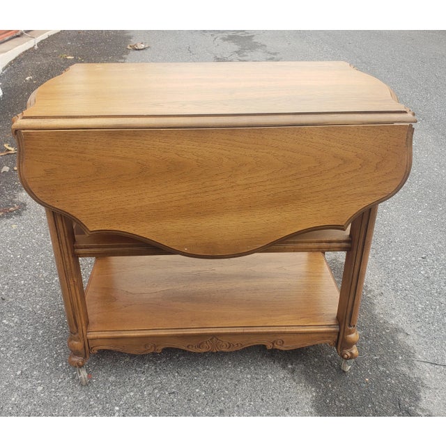 Mid 20th Century Mid-Century French Provincial Oak Drop-Leaf Three Tier Rolling Bar Cart For Sale - Image 5 of 8