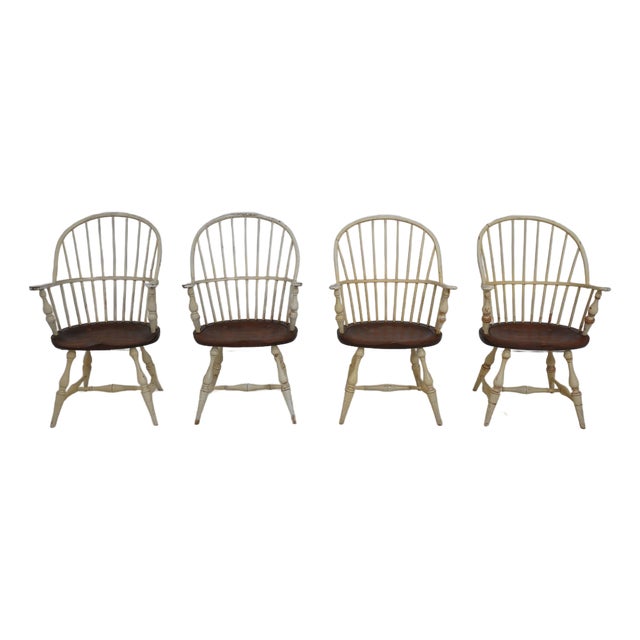 Set of 4 Vintage Painted Bow Back Windsor Armchairs For Sale