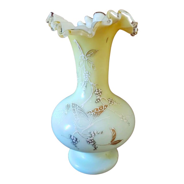 Vintage Fenton Burmese Ruffled Vase | Hand-Blown Mid-Century Art Glass For Sale