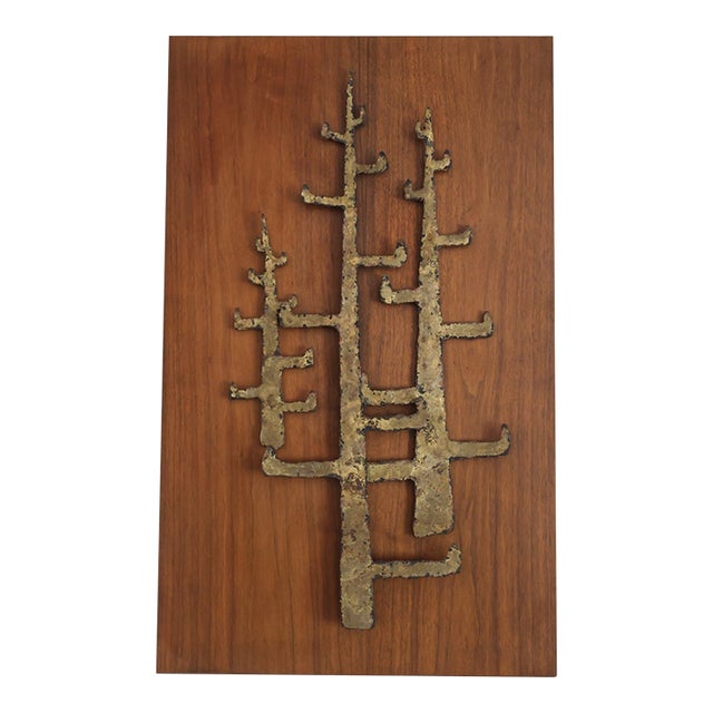 Peter Pepper Products Brutalist Torch-Cut Brass Wall Sculpture on Walnut Panel For Sale
