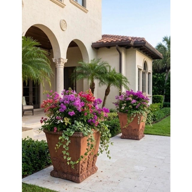 Terra Cotta Pair of Grand Tuscan Style Terracotta-Toned Cast Stone Planters For Sale - Image 8 of 12