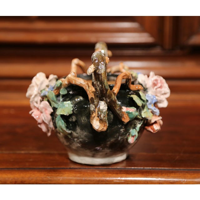19th Century French Painted Ceramic Barbotine Jardinière With Floral Decor For Sale - Image 9 of 10
