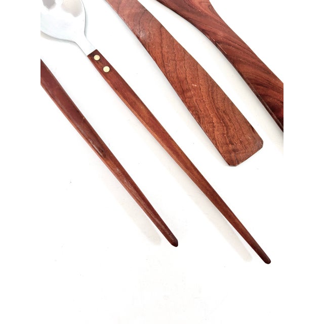Mid-Century Modern Mid Century Modern Teak Salad Servers – Wood & Stainless Steel Serving Utensils, Danish Modern Kitchen Decor For Sale - Image 3 of 9