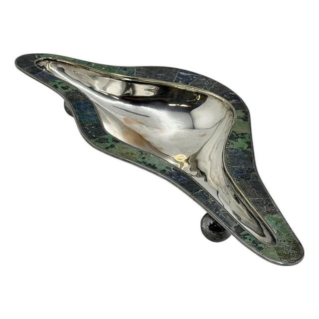 Mid 20th Century Los Castillo Taxco Modernist Silver Plate Malachite & Lapis Centerpiece Bowl For Sale
