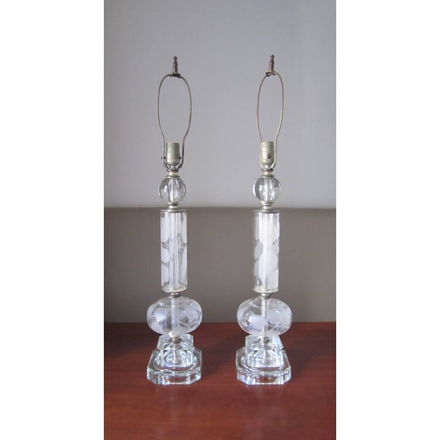 Traditional Crystal Table Lamps Style of Lalique, Pair, Circa 1940s, Pair For Sale - Image 3 of 10