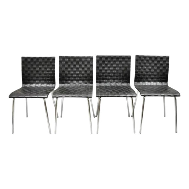Late 20th Century Contemporary Modern Black Woven Leather Chrome Frame Dining Chairs - Set of 4 For Sale