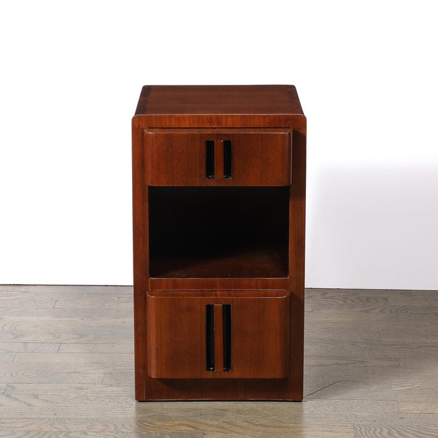 Wood Pair of Art Deco Nightstands in Book-Matched Walnut With Black Lacquer Accents For Sale - Image 7 of 11