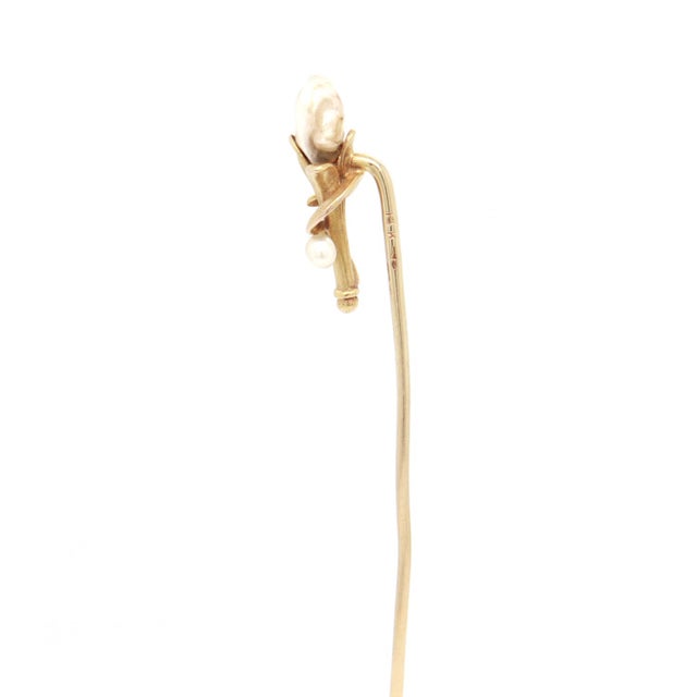 Signed Edwardian 14k Gold & Blister Pearl Figural Flower Stickpin For Sale In Philadelphia - Image 6 of 8