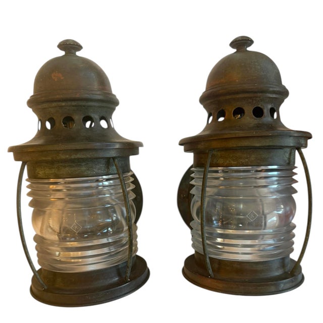 1920s Pair of Copper Lanterns With Original Verdigris Patina and Stamped Glass Jars For Sale In Los Angeles - Image 6 of 6