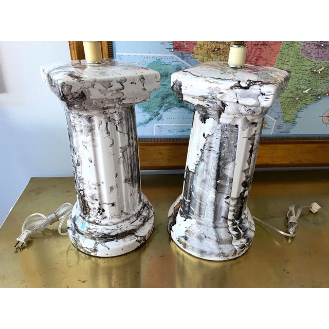 1970s Marbled Column Lamps & Shades - A Pair For Sale - Image 15 of 15