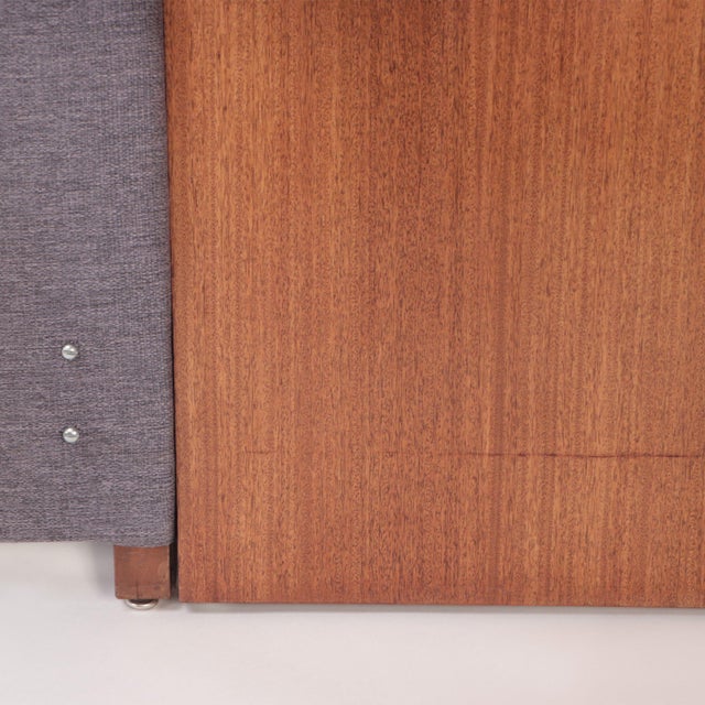 Wood A Paul McCobb for Calvin Irwin Upholstered King Size Bed Teak Headboard With Brass Trim and Two Floating Drawers, Labeled in Drawer. For Sale - Image 7 of 9