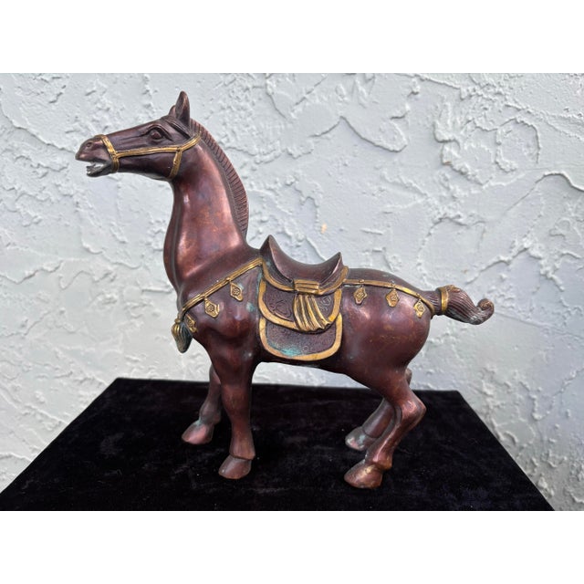 Vintage Pair of Patinated Bronze Horse Sculptures With Gilt Accents For Sale - Image 4 of 12