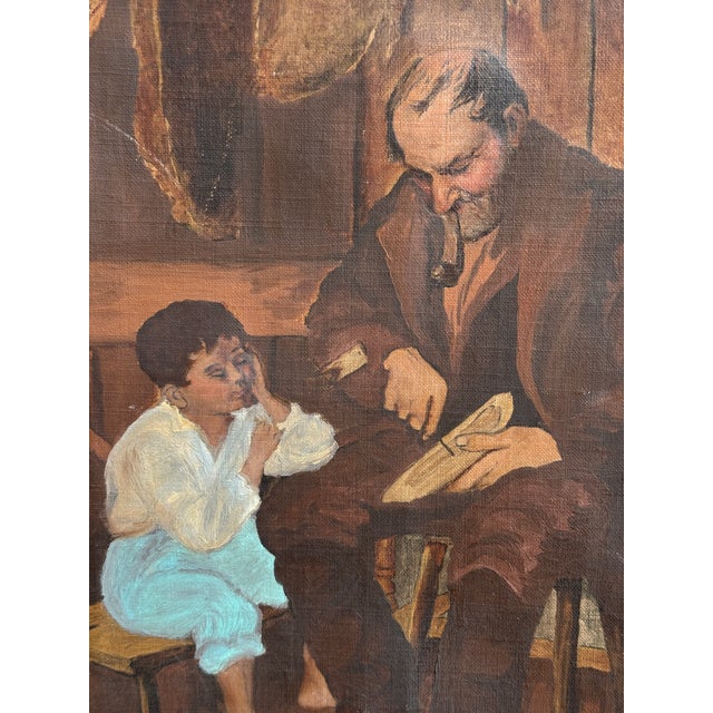Late 20th Century Antique European Genre Oil Painting of Man and Child in Workshop - Unsigned For Sale - Image 5 of 11