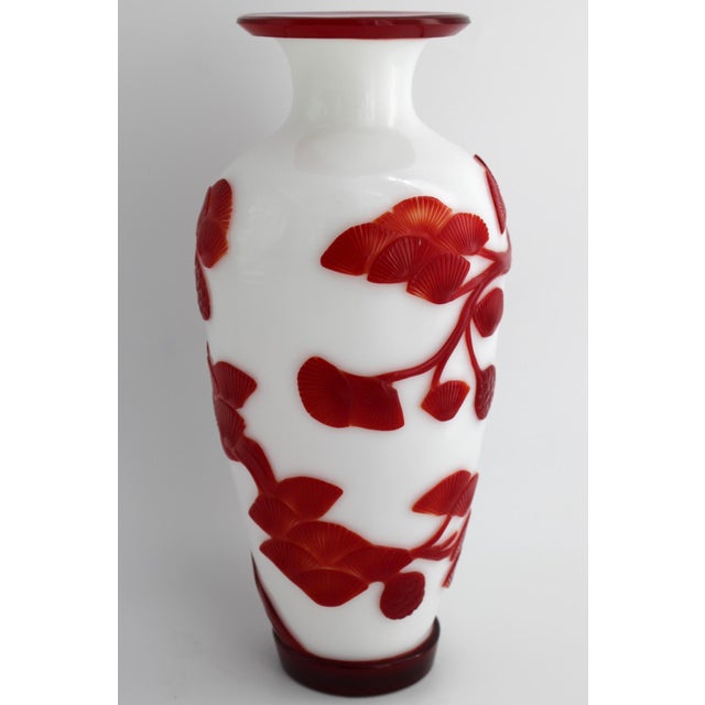 White Antique Chinese Red & White Peking Glass Vase, Hand Carved Monkey, C1910 For Sale - Image 8 of 13
