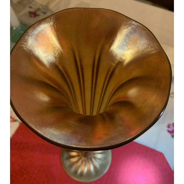 Early 20th Century Antique 18" l.c. Tiffany Favrile Iridescent Trumpet Vase With Tiffany Furnaces Bronze Base For Sale - Image 5 of 12