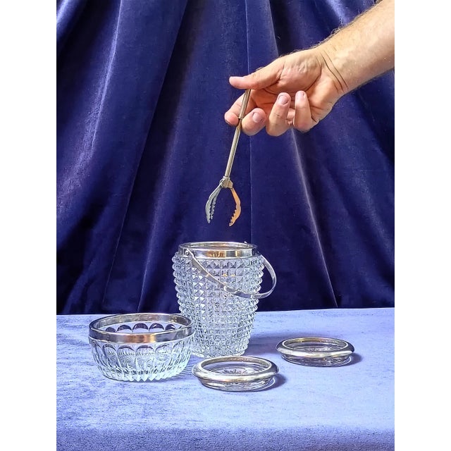 1960s Art Deco Pressed Glass and Silver Rim With Ice Bucket Coasters Pinch Bowl and French Claw Ice Tongs - 5 Piece Bar Set For Sale - Image 10 of 17