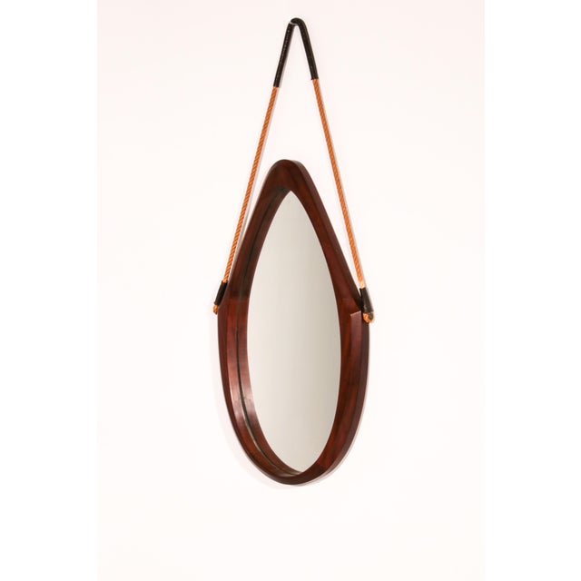 Brown Mid-Century Italian Oval Mirror in Curved Teak, Rope and Leather, 1960s For Sale - Image 8 of 8