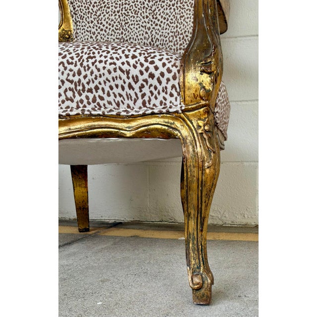 Gold Italian Antique Carved Wood Leopard Print Bergere Chairs Pair For Sale - Image 8 of 10