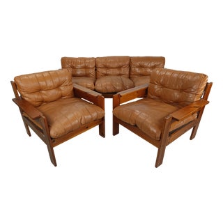 Vintage Pine and Tan Leather Living Room, 1970s, Set of 3 For Sale
