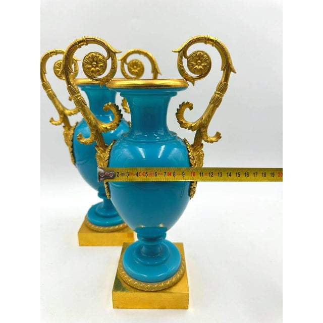 Metal Antique Charles X French Vases in Blue Opaline and Gilded Bronze, Set of 2 For Sale - Image 7 of 13