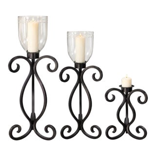 Set of 3 Monumental Wrought Iron Floor Candelabras With Etched Glass Hurricanes Spiral Detail For Sale