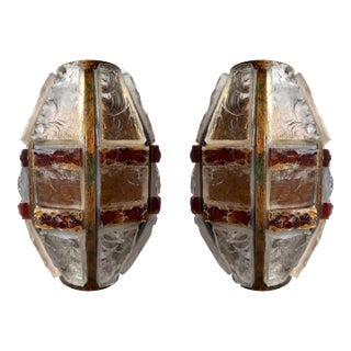Pair of Hammered Glass Wrought Iron Sconces by Longobard, Italy, 1970s For Sale