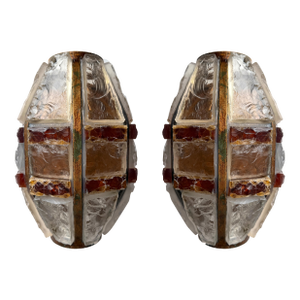 Pair of Hammered Glass Wrought Iron Sconces by Longobard, Italy, 1970s