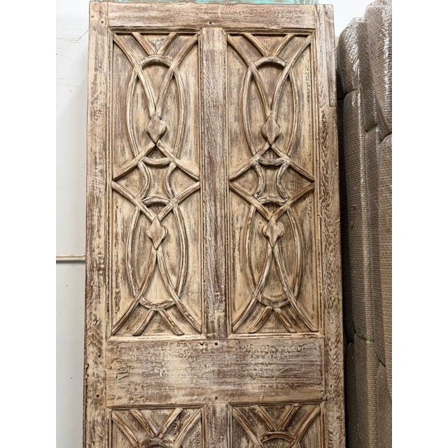 1920s Antique Hand-Carved Double Entry Doors in Distressed Wood Architectural Statement Panels 80x30 For Sale - Image 5 of 7