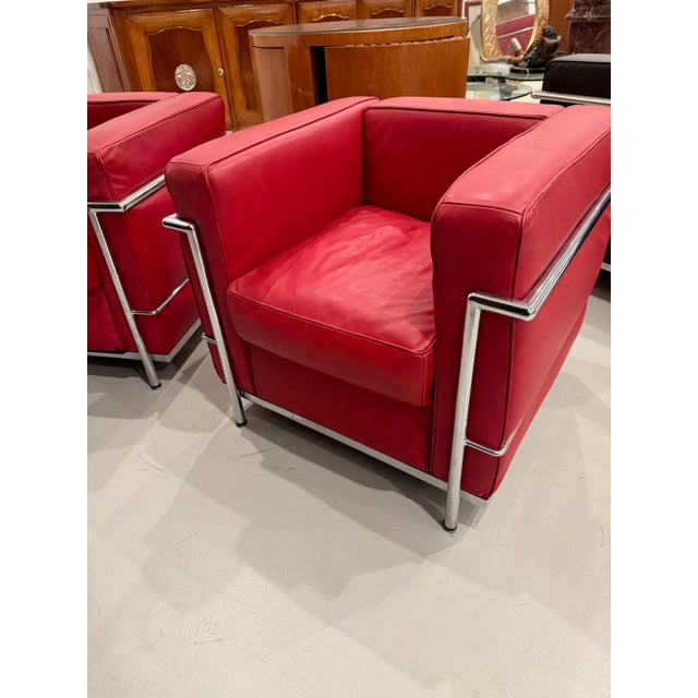 Pair Of. Chrome and Red Leather Club Chair in the Style of Le Corbusier For Sale In New York - Image 6 of 13
