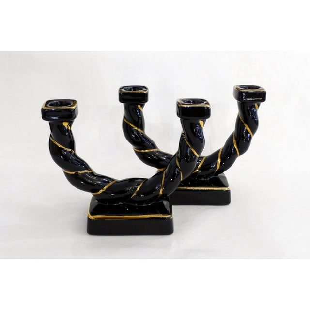 Pair of midcentury two-light candlesticks / double candle holders Rectangular base with twisted / braided U-shaped rope...