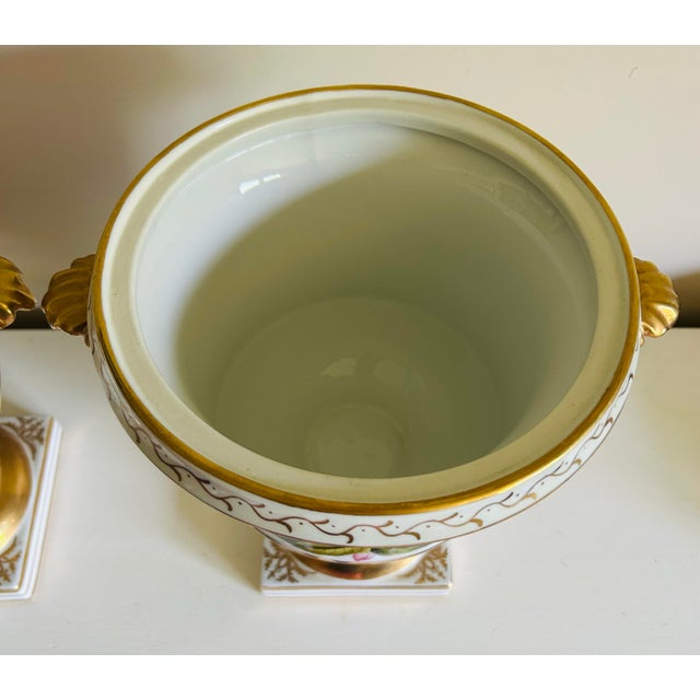 1980s Vintage Chelsea House Neoclassical Urn Style Hand Painted & Gold Planters ~ a Pair For Sale - Image 5 of 12