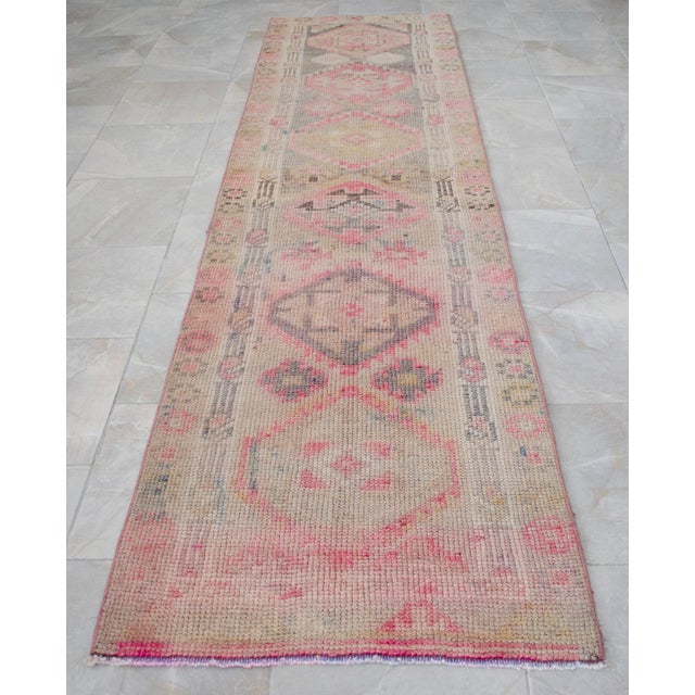 Textile 1960s Muted Colors Hand Knotted Runner Rug Turkish Hallway Rug - 2'9" X 10'3" For Sale - Image 7 of 14